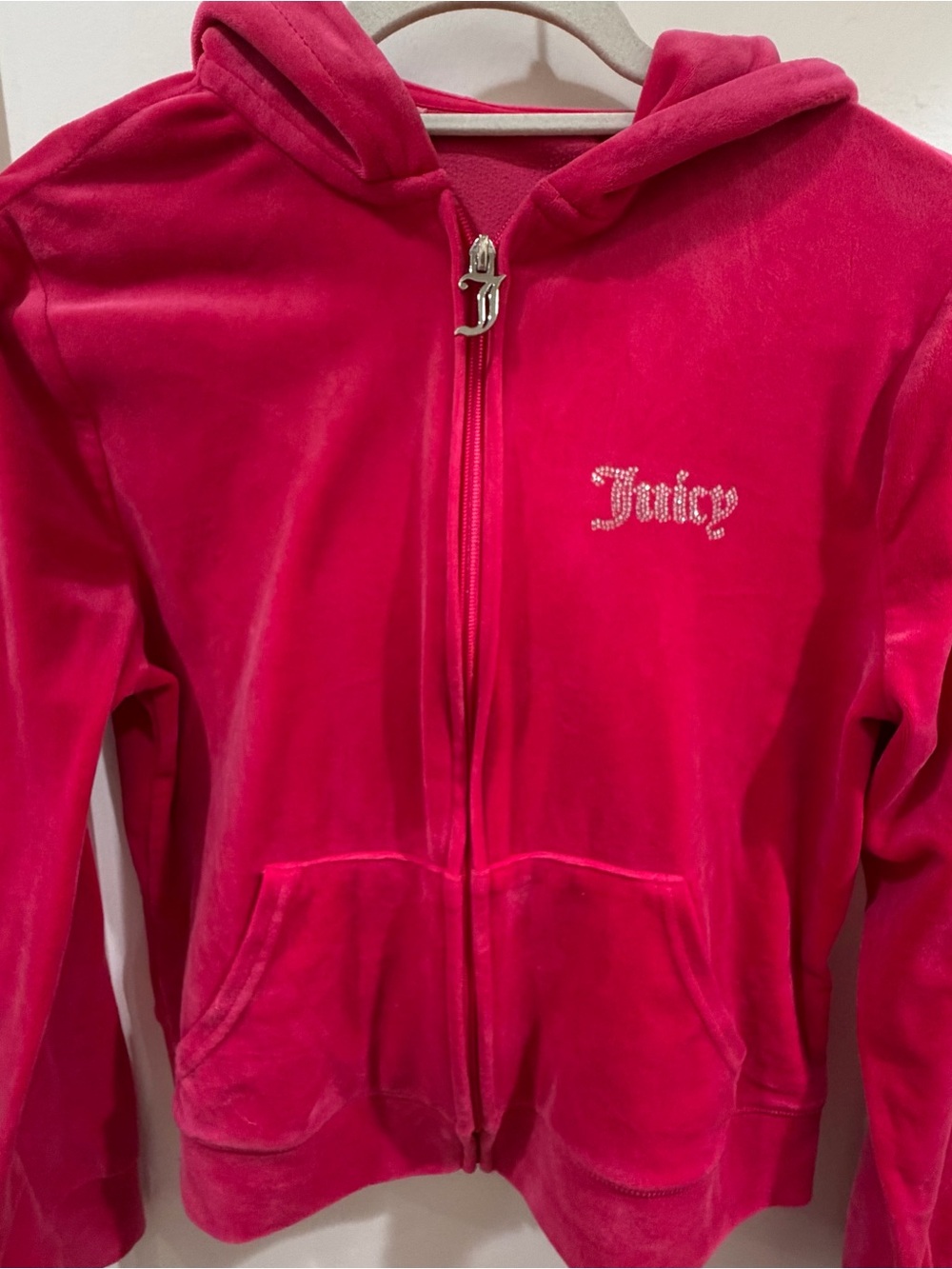 Juicy Couture Bright Pink Velour Zip Hoodie with Rhinestone Logo